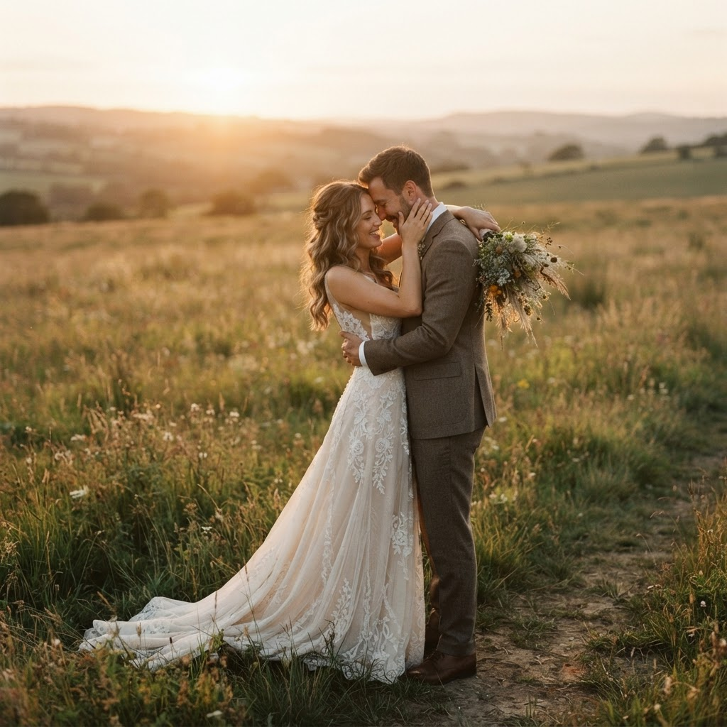 Couple embracing at golden hour