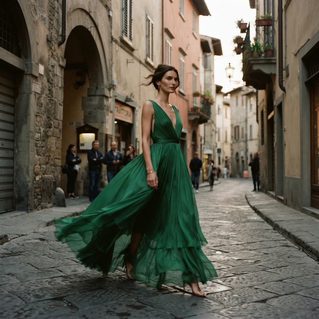 Model in evening gown on European street