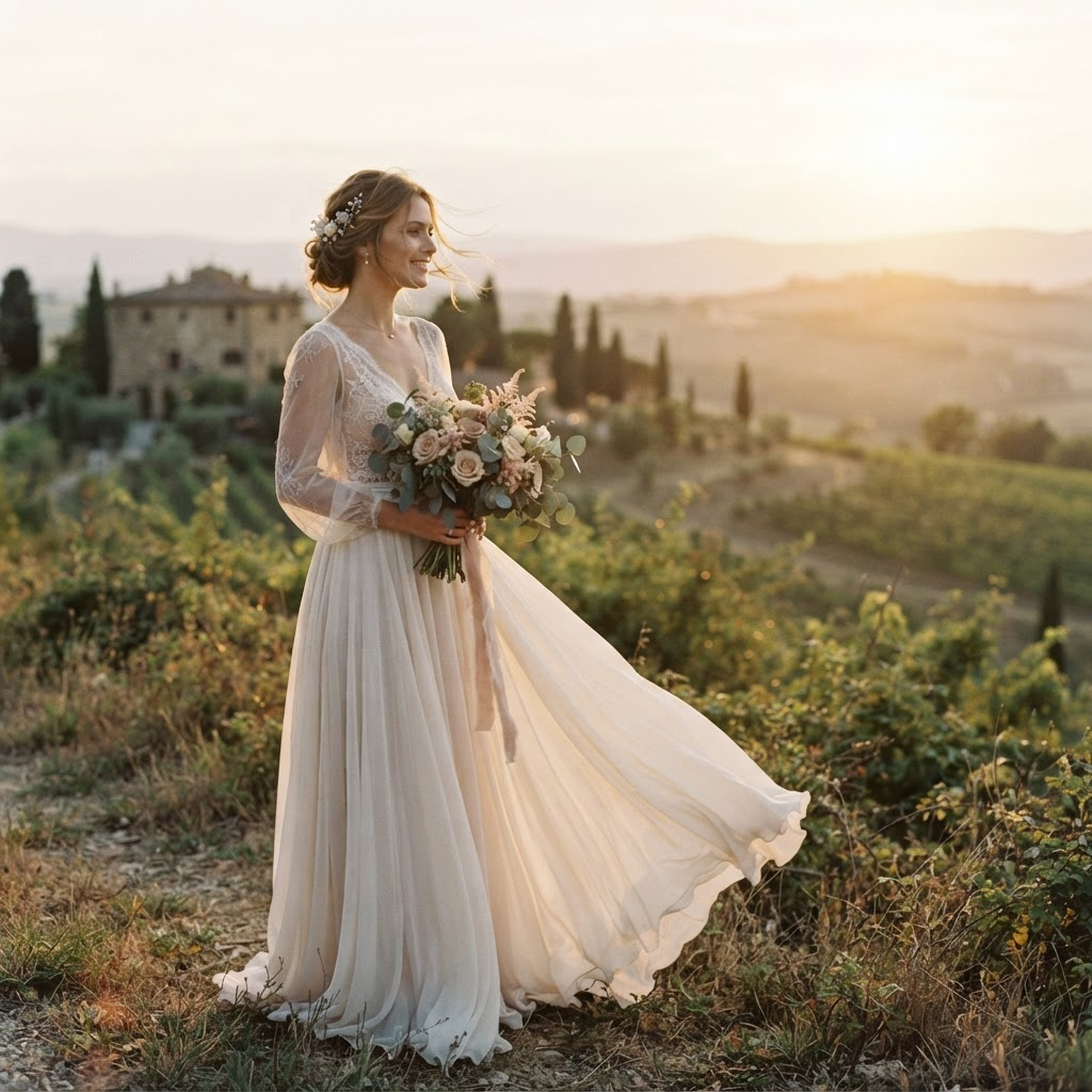 Bride in an elegant gown photographed in golden-hour light